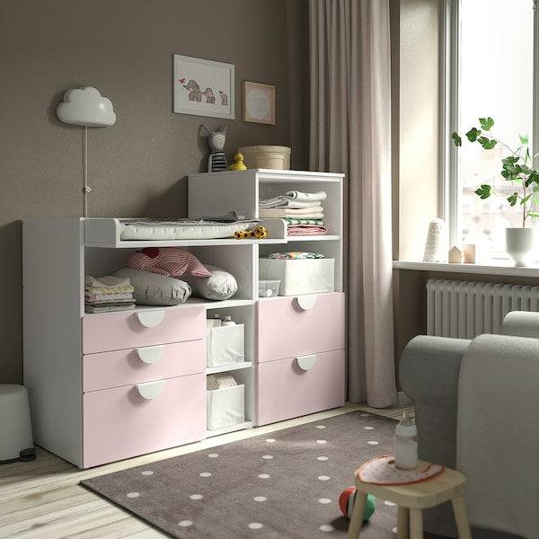 SMÅSTAD / PLATSA - Changing table, pale pink white/with bookcase,150x79x123 cm