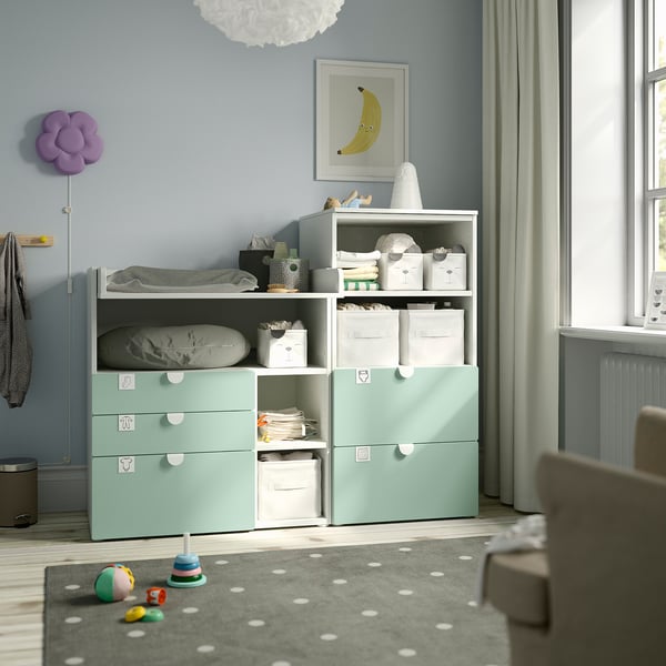 SMÅSTAD / PLATSA changing table, white light green/with bookcase, 150x79x123 cm