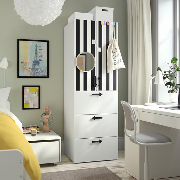 SMÅSTAD / PLATSA wardrobe, white stripe/white with 3 drawers, 60x57x181 cm
