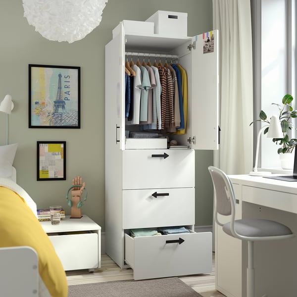 SMÅSTAD / PLATSA wardrobe, white stripe/white with 3 drawers, 60x57x181 cm