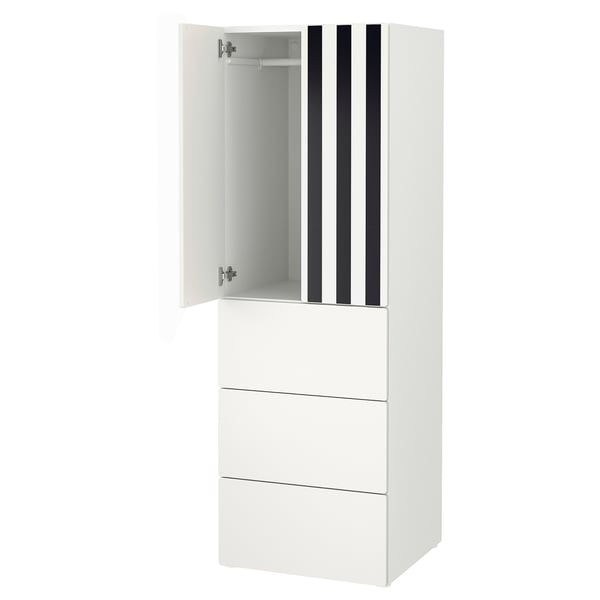 SMÅSTAD / PLATSA wardrobe, white stripe/white with 3 drawers, 60x57x181 cm