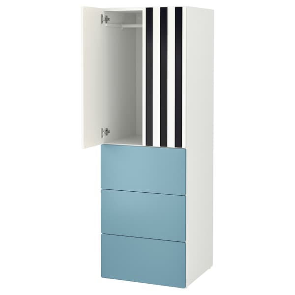 Ikea SMÅSTAD / PLATSA - Wardrobe, white stripe/blue with 3 drawers, 60x57x181 cm