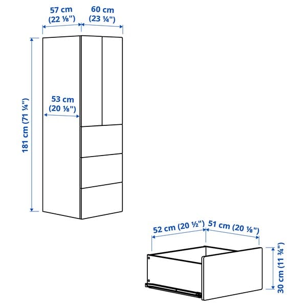 Ikea SMÅSTAD / PLATSA - Wardrobe, white stripe/blue with 3 drawers, 60x57x181 cm