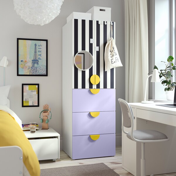 SMÅSTAD / PLATSA - Wardrobe, white stripe/lilac with 3 drawers, 60x57x181 cm