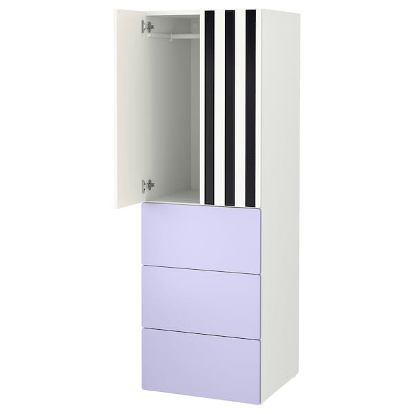 SMÅSTAD / PLATSA - Wardrobe, white stripe/lilac with 3 drawers, 60x57x181 cm