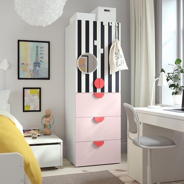 SMÅSTAD / PLATSA - Wardrobe, white stripe/pale pink with 3 drawers, 60x57x181 cm