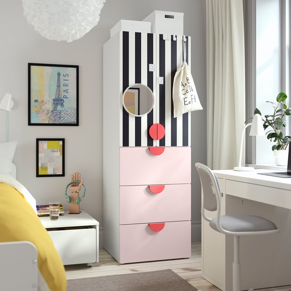 SMÅSTAD / PLATSA - Wardrobe, white stripe/pale pink with 3 drawers, 60x57x181 cm