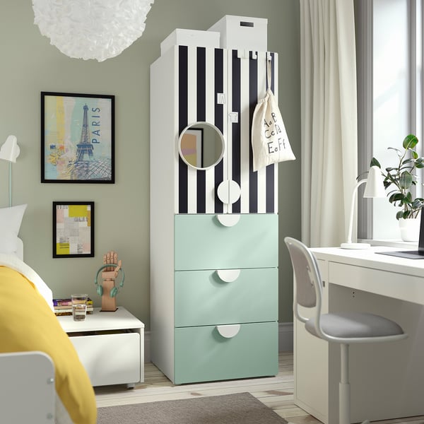 SMÅSTAD / PLATSA wardrobe, white stripe/light green with 3 drawers, 60x57x181 cm