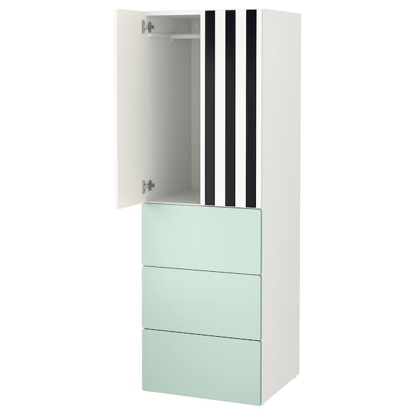 SMÅSTAD / PLATSA - Wardrobe, white stripe/light green with 3 drawers, 60x57x181 cm