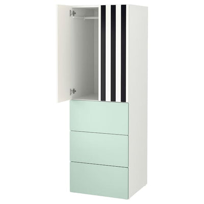 SMÅSTAD / PLATSA - Wardrobe, striped white/light green with 3 drawers,60x57x181 cm