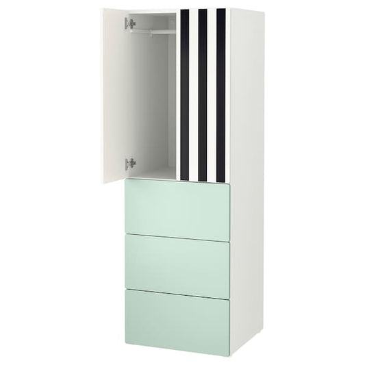 Ikea SMÅSTAD / PLATSA - Wardrobe, white stripe/light green with 3 drawers, 60x57x181 cm