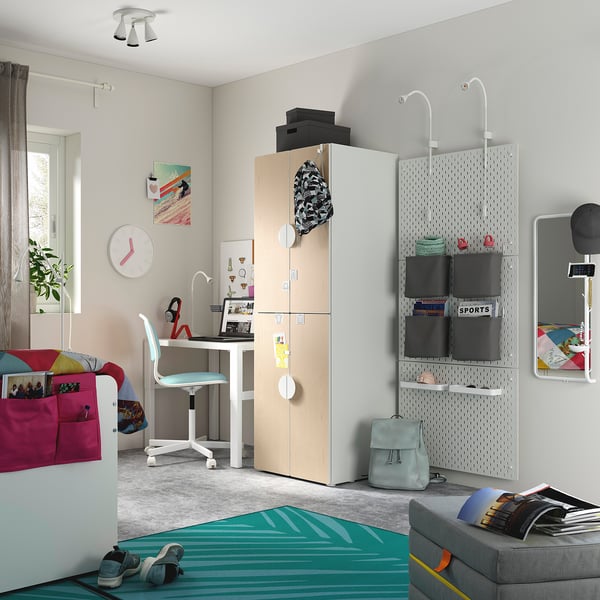 SMÅSTAD / PLATSA wardrobe, white birch/with 2 clothes rails, 60x57x181 cm