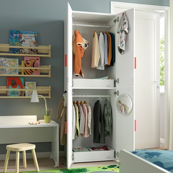 SMÅSTAD / PLATSA wardrobe, white birch/with 2 clothes rails, 60x42x181 cm