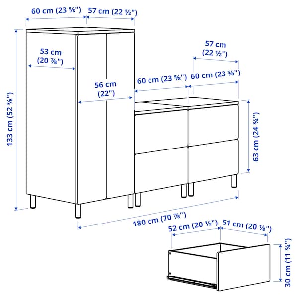 SMÅSTAD / PLATSA - Wardrobe, white birch/with 2 chest of drawers, 180x57x133 cm