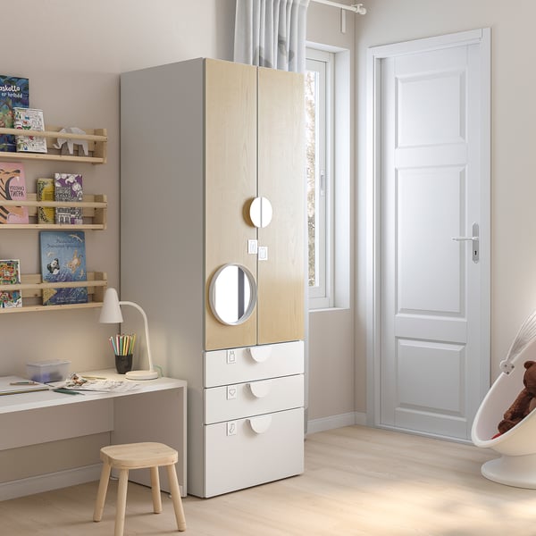 SMÅSTAD / PLATSA wardrobe, white/birch with 3 drawers, 60x57x181 cm