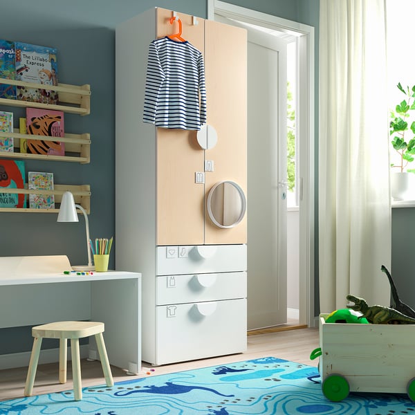 SMÅSTAD / PLATSA wardrobe, white/birch with 3 drawers, 60x42x181 cm