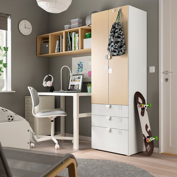 SMÅSTAD / PLATSA wardrobe, white/birch with 3 drawers, 60x42x181 cm