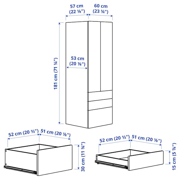 SMÅSTAD / PLATSA - Wardrobe, white/birch with 3 drawers, 60x57x181 cm