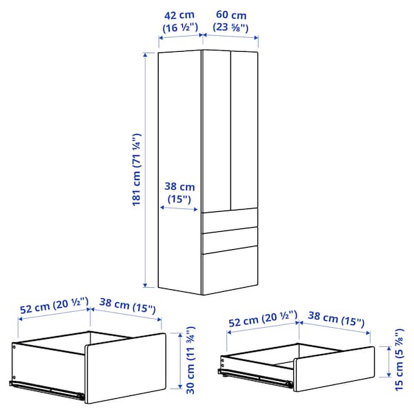 SMÅSTAD / PLATSA - Wardrobe, white/birch with 3 drawers, 60x42x181 cm