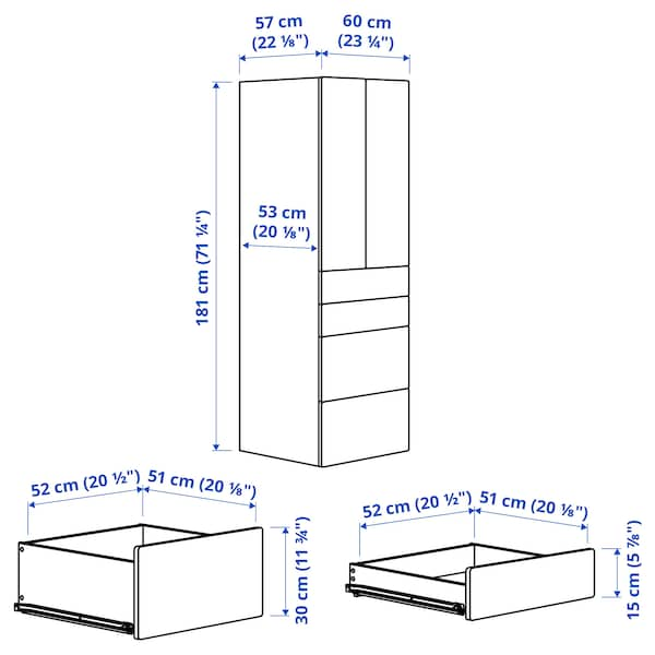 SMÅSTAD / PLATSA - Wardrobe, white/birch with 4 drawers, 60x57x181 cm