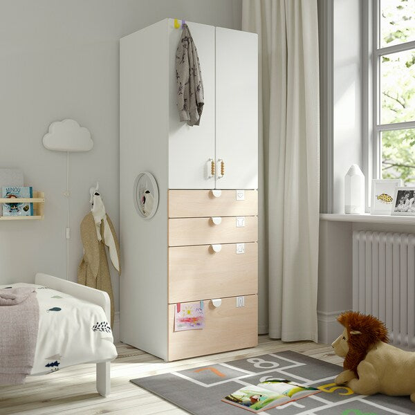 SMÅSTAD / PLATSA - Wardrobe, white/birch with 4 drawers, 60x57x181 cm