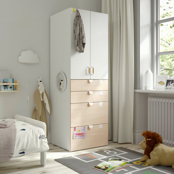 SMÅSTAD / PLATSA - SMÅSTAD / PLATSA Wardrobe, white/birch with 4 drawers, 60x57x181 cm