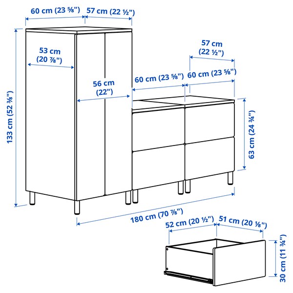 SMÅSTAD / PLATSA - Wardrobe, white white/with 2 chest of drawers, 180x57x133 cm