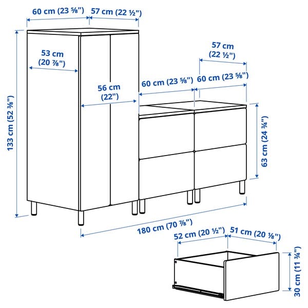 Ikea SMÅSTAD / PLATSA - Wardrobe, white white/with 2 chest of drawers, 180x57x133 cm