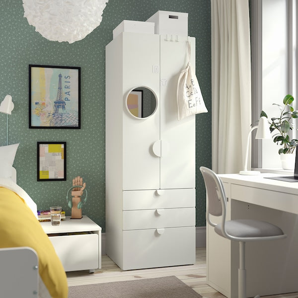 SMÅSTAD / PLATSA - Wardrobe, white white/with 3 drawers, 60x57x181 cm