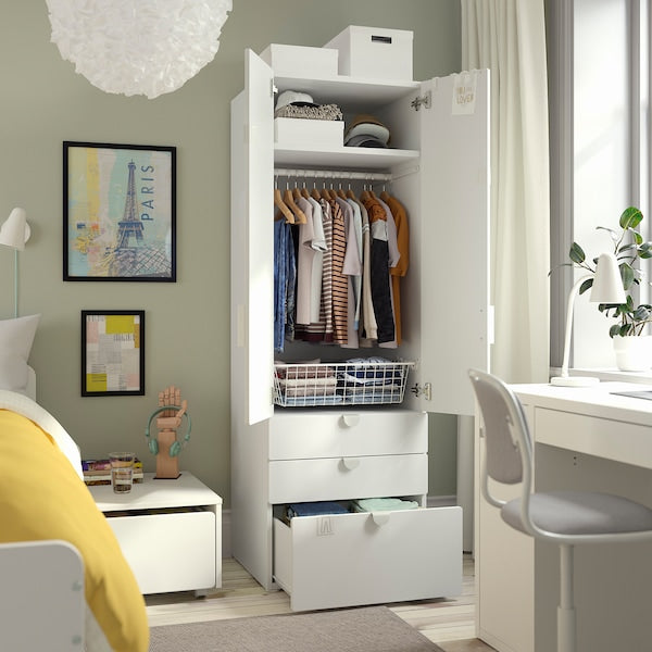 SMÅSTAD / PLATSA - Wardrobe, white white/with 3 drawers, 60x57x181 cm