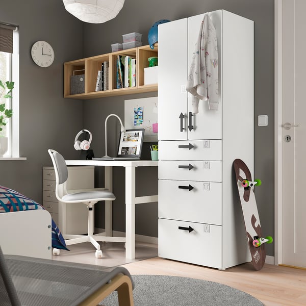 SMÅSTAD / PLATSA wardrobe, white white/with 4 drawers, 60x57x181 cm