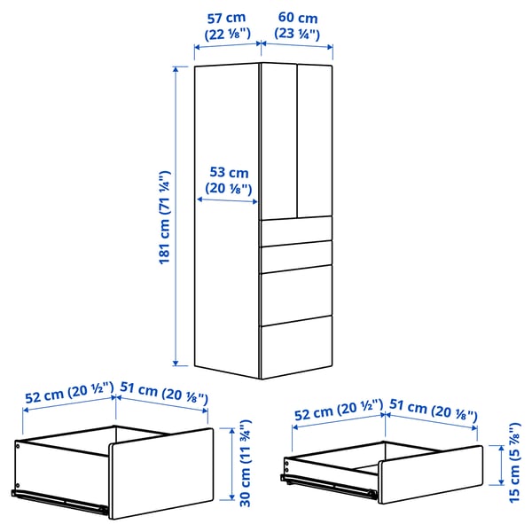 SMÅSTAD / PLATSA wardrobe, white white/with 4 drawers, 60x57x181 cm