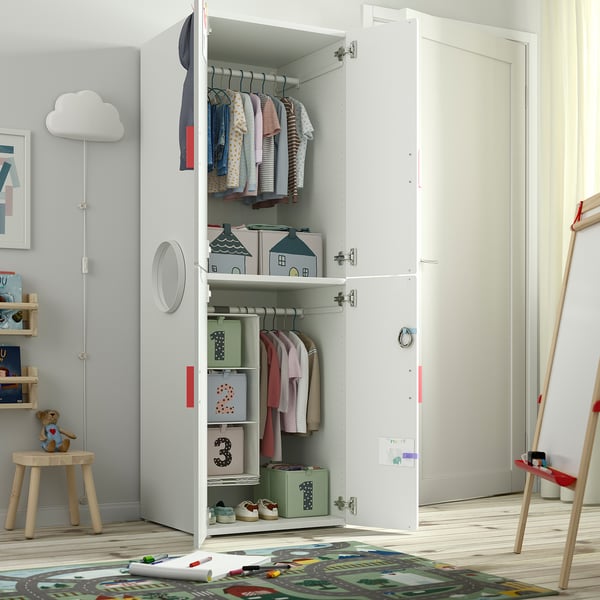 SMÅSTAD / PLATSA wardrobe, white blue/with 2 clothes rails, 60x57x181 cm