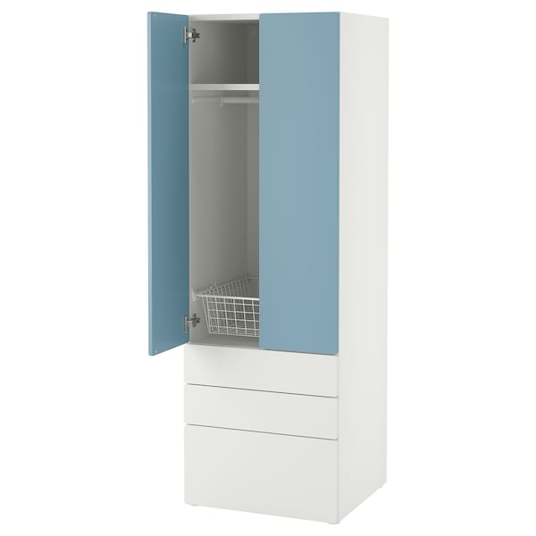 SMÅSTAD / PLATSA - Wardrobe, white blue/with 3 drawers, 60x57x181 cm