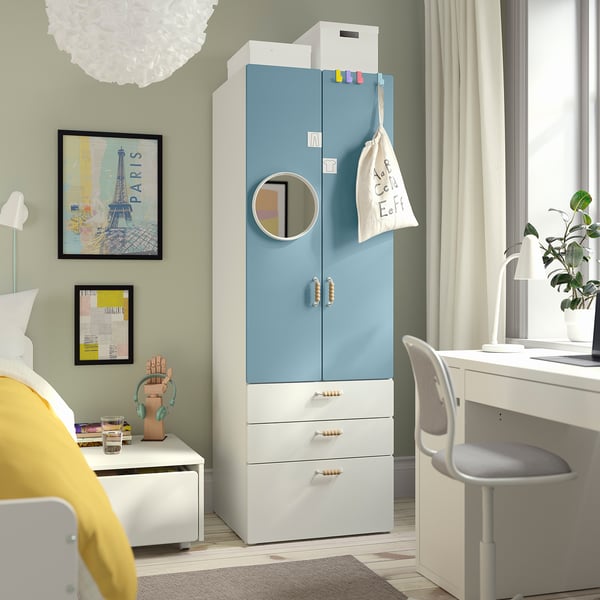 SMÅSTAD / PLATSA wardrobe, white blue/with 3 drawers, 60x57x181 cm