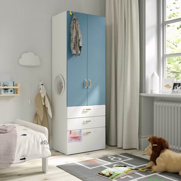 SMÅSTAD / PLATSA - Wardrobe, white blue/with 3 drawers, 60x42x181 cm