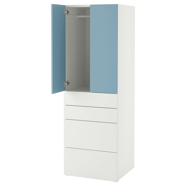 SMÅSTAD / PLATSA wardrobe, white blue/with 4 drawers, 60x57x181 cm