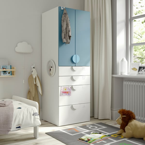 SMÅSTAD / PLATSA wardrobe, white blue/with 4 drawers, 60x57x181 cm