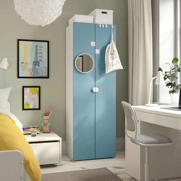 SMÅSTAD / PLATSA wardrobe, white/blue, 60x42x181 cm