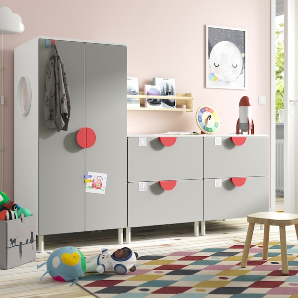 SMÅSTAD / PLATSA - Wardrobe, white grey/with 2 chest of drawers, 180x57x133 cm