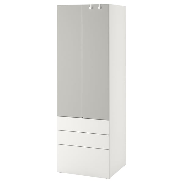 SMÅSTAD / PLATSA wardrobe, white grey/with 3 drawers, 60x57x181 cm