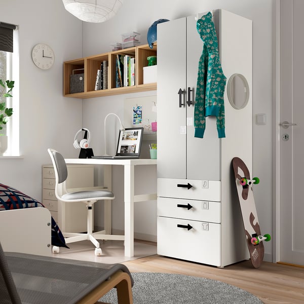 SMÅSTAD / PLATSA wardrobe, white grey/with 3 drawers, 60x42x181 cm