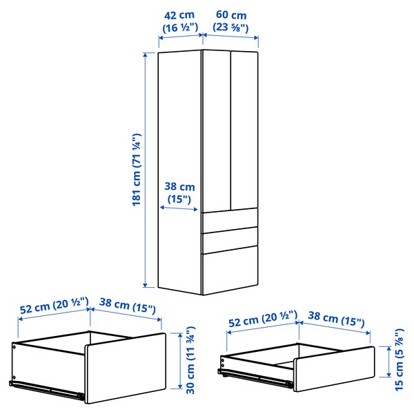 SMÅSTAD / PLATSA - Wardrobe, white grey/with 3 drawers, 60x42x181 cm