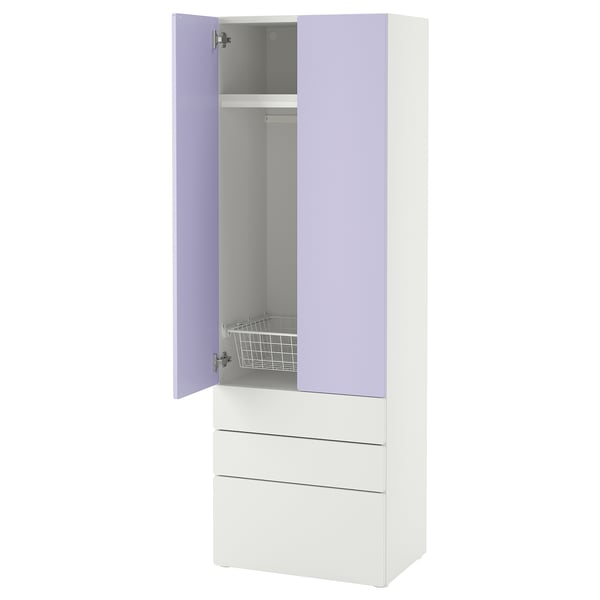 SMÅSTAD / PLATSA wardrobe, white lilac/with 3 drawers, 60x42x181 cm