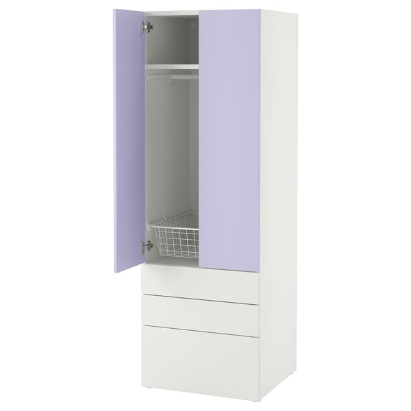 SMÅSTAD / PLATSA wardrobe, white lilac/with 3 drawers, 60x57x181 cm