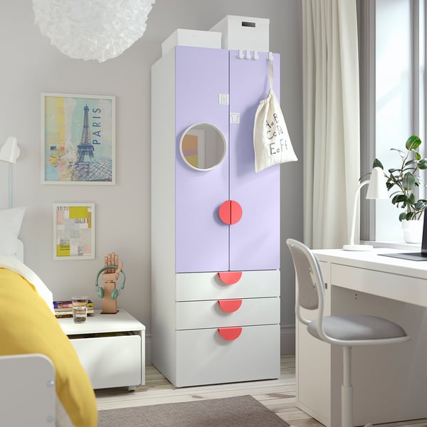 SMÅSTAD / PLATSA wardrobe, white lilac/with 3 drawers, 60x57x181 cm