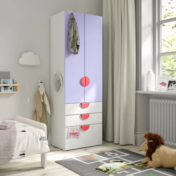 SMÅSTAD / PLATSA wardrobe, white lilac/with 3 drawers, 60x42x181 cm