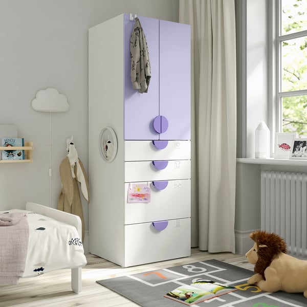 SMÅSTAD / PLATSA wardrobe, white lilac/with 4 drawers, 60x57x181 cm