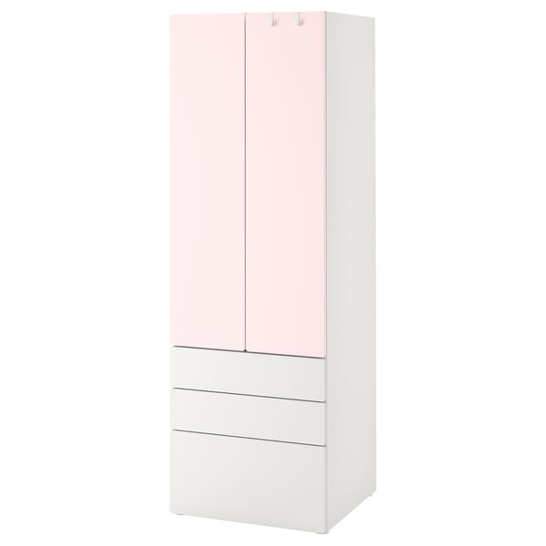 SMÅSTAD / PLATSA wardrobe, white pale pink/with 3 drawers, 60x57x181 cm