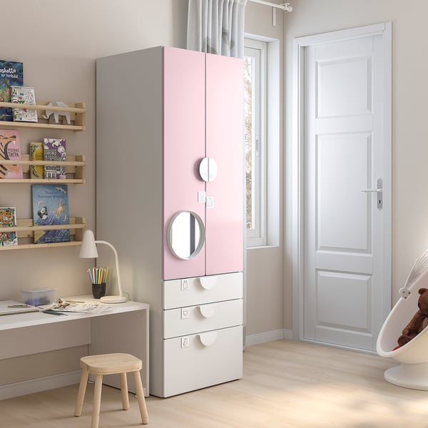 SMÅSTAD / PLATSA wardrobe, white pale pink/with 3 drawers, 60x57x181 cm